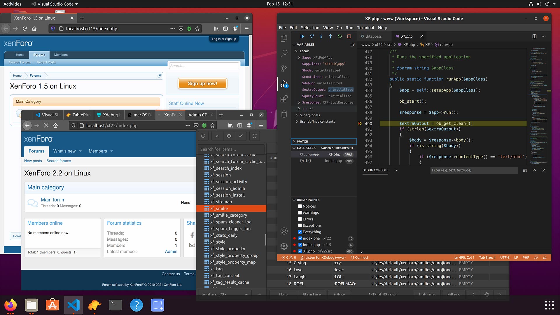 Снимок экрана: Ubuntu Linux под управлением XenForo, отлаживается Xdebug с Visual Studio Code