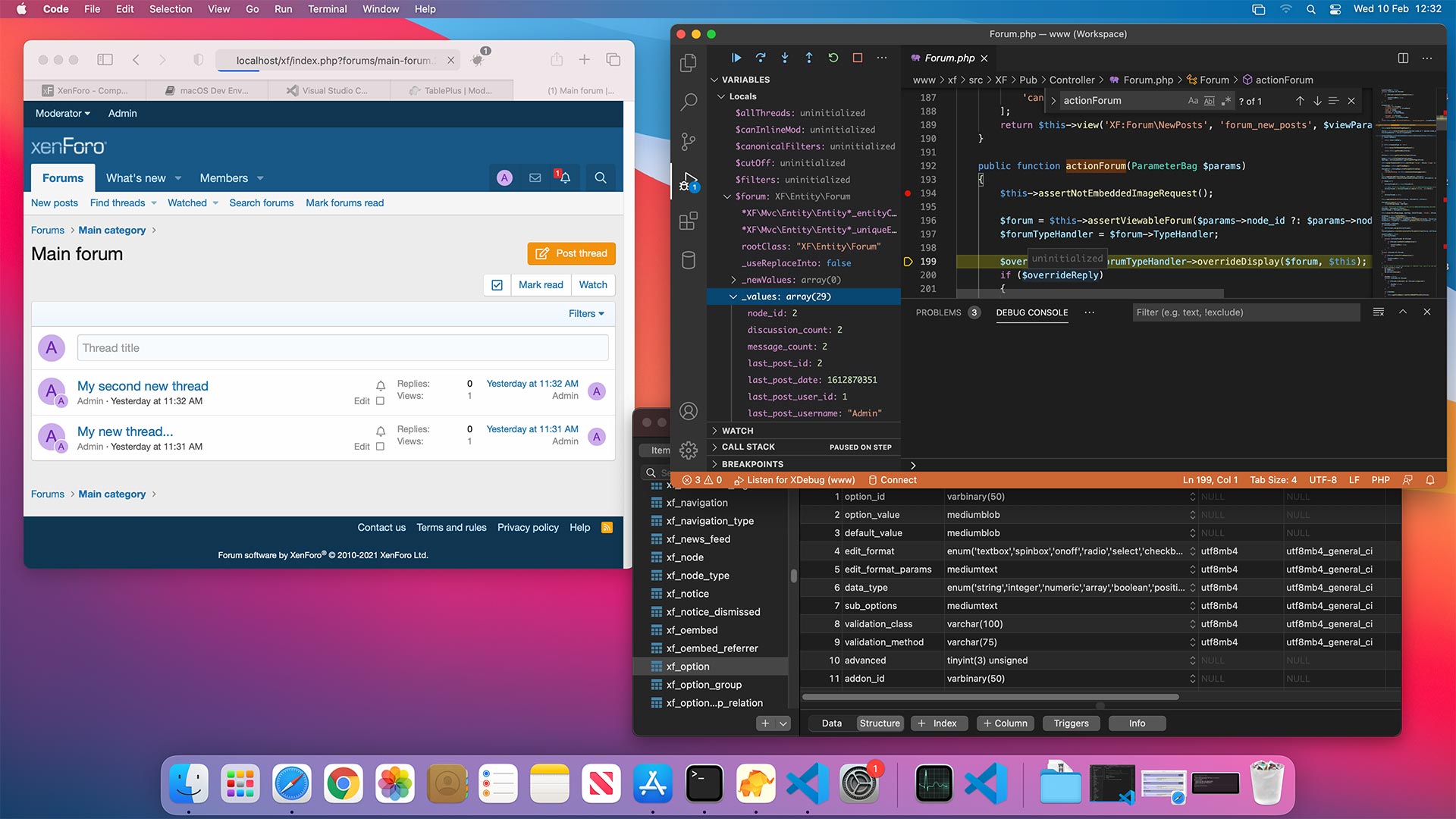 Снимок экрана: macOS с XenForo, отлаживаемая Xdebug с Visual Studio Code