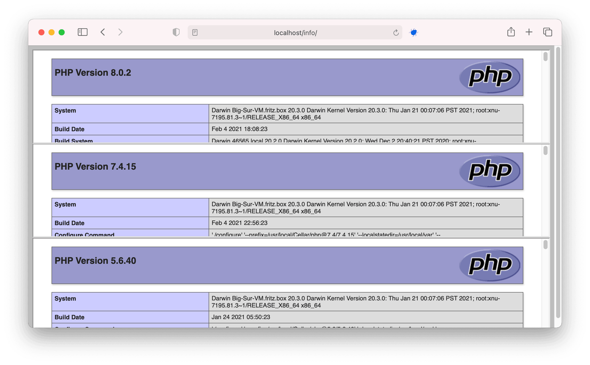 Снимок экрана: Три версии PHP, работающие одновременно через веб-сервер Apache